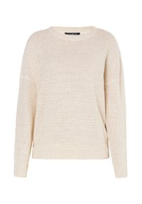 Pulover tricotat de culoare crem, cu mâneci lungi, decolteu rotund și model texturat, expus pe un fundal alb.