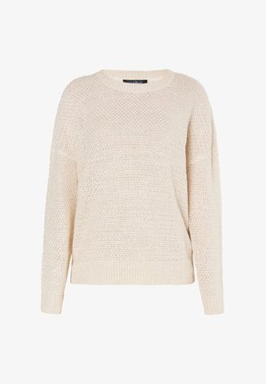 Cremefarbener Strickpullover mit langen Ärmeln, Rundhalsausschnitt und strukturiertem Strickmuster, auf einem weißen Hintergrund präsentiert.