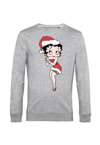 Sudadera de algodón gris con un colorido diseño de caricatura de una mujer con un gorro de Santa, con acentos rojos y detalles de borde de piel blanca.