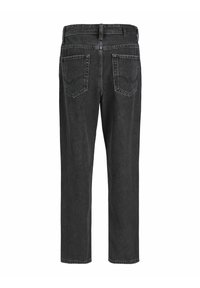 Jeans de mezclilla negra con un diseño de pierna recta, que cuentan con una cinturilla, dos bolsillos traseros y un sutil acabado texturizado.