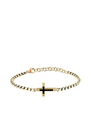 Bracciale in oro con ciondolo a croce in smalto nero con piccoli diamanti su una delicata catena a maglie e chiusura a moschettone.
