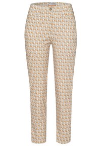 Pantalon en tissu tissé avec un motif géométrique en orange et beige, doté d'une fermeture traditionnelle à boutons et de deux poches avant.