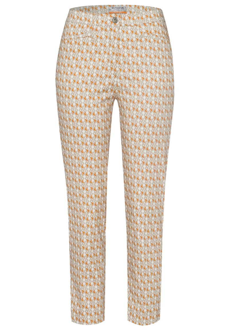 Pantalon en tissu tissé avec un motif géométrique en orange et beige, doté d'une fermeture traditionnelle à boutons et de deux poches avant.
