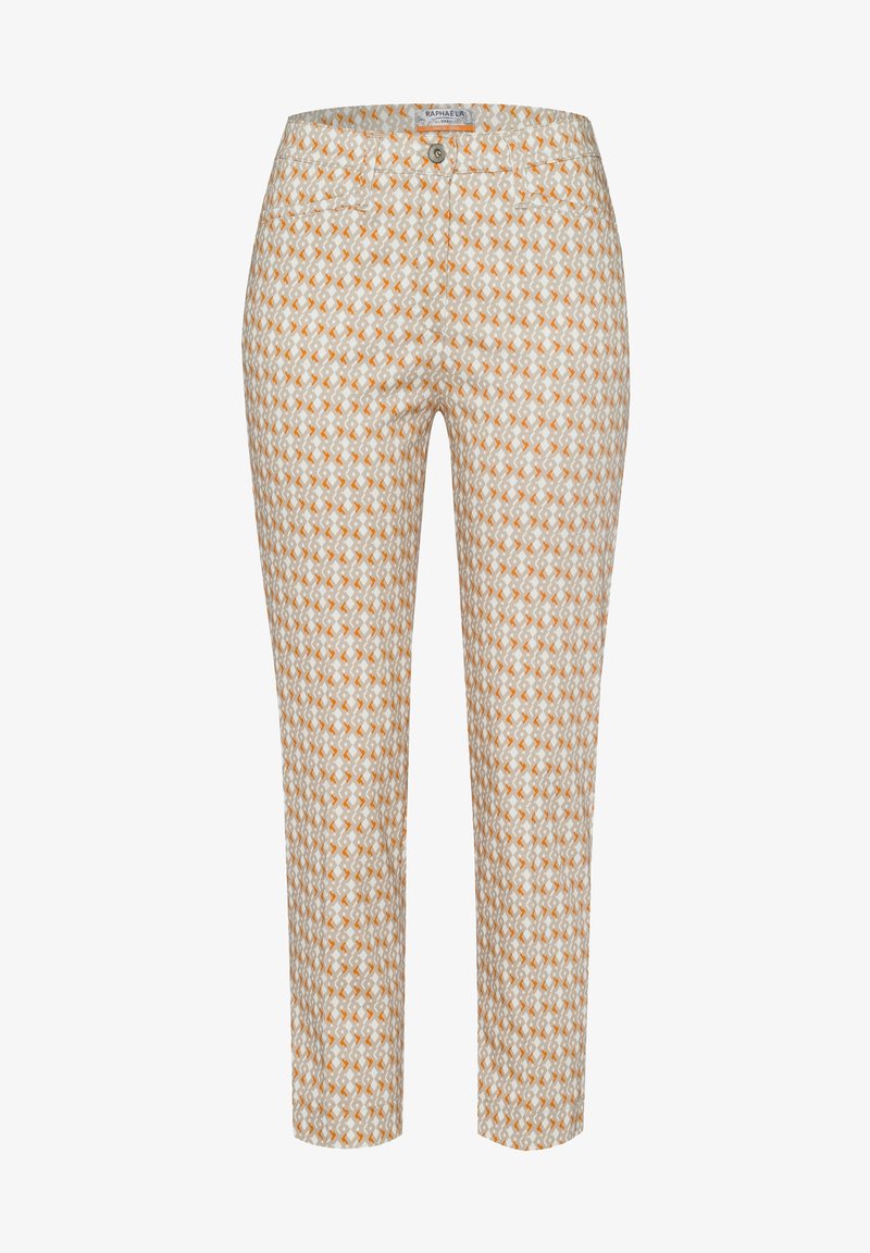 Pantalon en tissu tissé avec un motif géométrique en orange et beige, doté d'une fermeture traditionnelle à boutons et de deux poches avant.