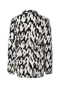 Zwart-witte langemouwenshirt met een abstract patroon, kraag en gathered manchetten, met een relaxte pasvorm en textuurstof.