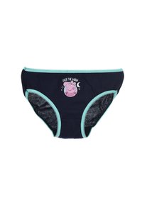 Culotte en coton bleu marine avec une bordure bleu clair, ornée d'un graphique de cochon et du texte "OVER THE MOON" au-dessus d'un motif de croissant de lune.