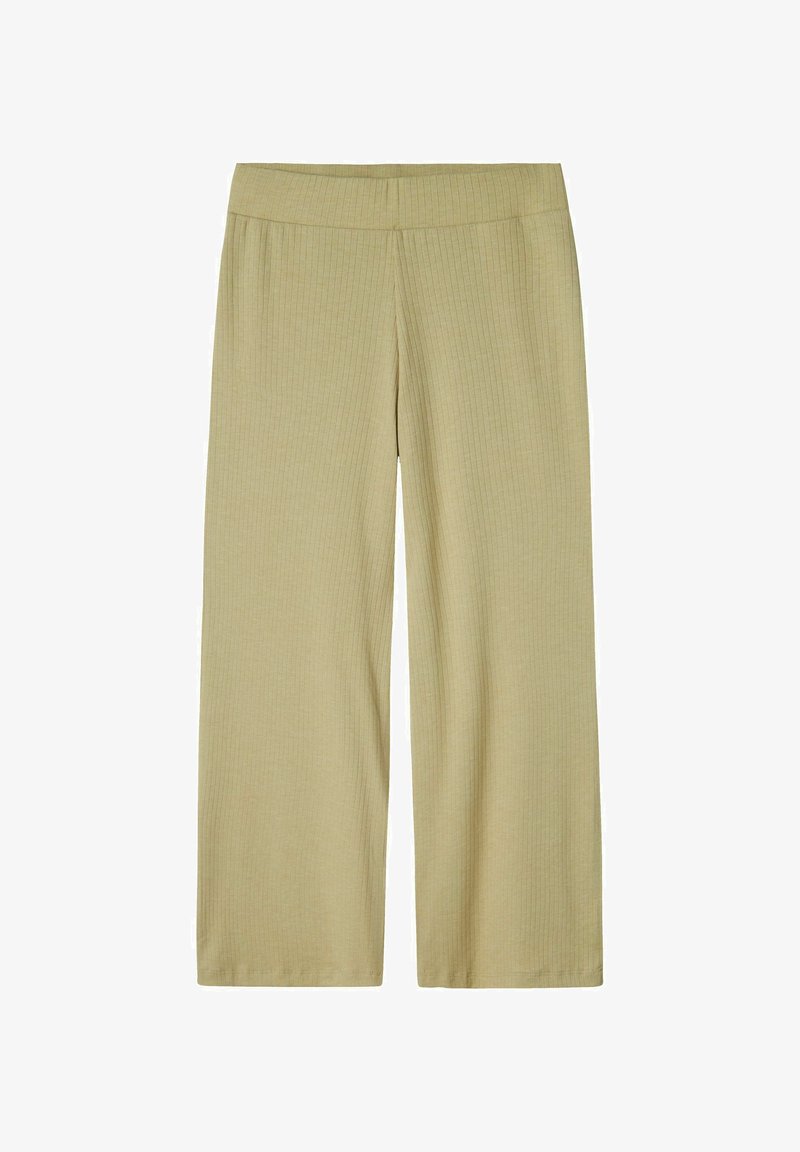 Light olive green wide-leg pants with a soft ribbed texture, featuring an elastic waistband and no visible pockets.