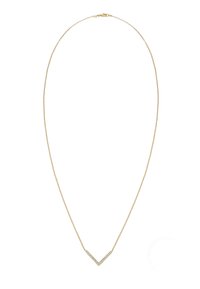 Collana in oro con pendente a forma di V decorato con piccole pietre trasparenti, che mostra una finitura lucida e una texture delicata.