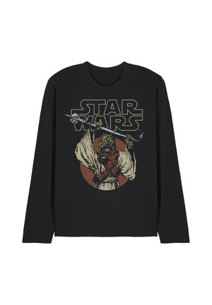 Schwarzes Langarmshirt mit Star Wars Schriftzug und Grafik einer Figur, die eine Waffe über dem Kopf hält, innerhalb eines braunen Kreises.