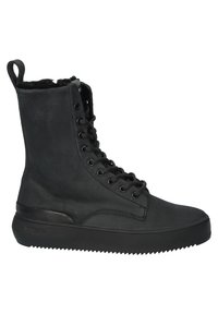 Botte noire montante à lacets avec semelle épaisse, languette de traction et doublure intérieure douce, conçue pour un usage décontracté ou hivernal.