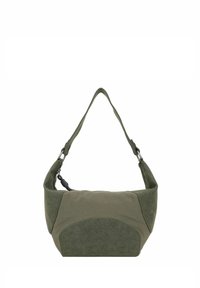 Borsa a spalla in tessuto verde con una superficie liscia, forma curvata, tracolla regolabile e un pannello di un verde più scuro ben visibile sulla parte anteriore.
