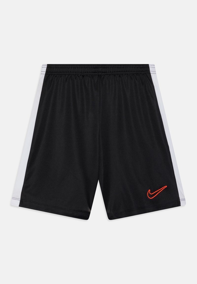 Black athletic shorts with white side panels, elastic waistband, and a red Nike logo on the lower left front. Smooth, lightweight fabric.
