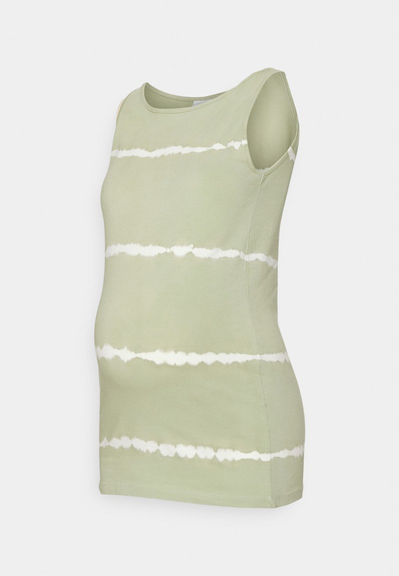 Top de maternidade sem mangas em verde claro, feito de tecido suave, com riscas horizontais brancas e uma bainha ligeiramente curva.