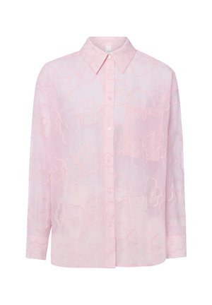 Hellrosa transparente Bluse zum Knöpfen mit langen Ärmeln, Kragen, Brusttasche und floraler Stickerei.