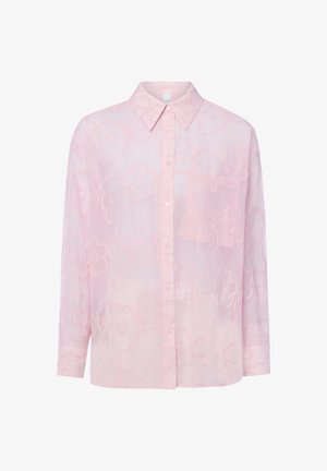 Lichtroze doorschijnende blouse met knopen, lange mouwen, kraag, borstzak en geborduurd bloemenpatroon.