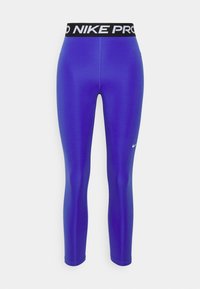 Leggings atletici viola con un elastico nero Nike Pro che presenta il logo bianco. Realizzati in un materiale liscio e elastico, con un design aderente.