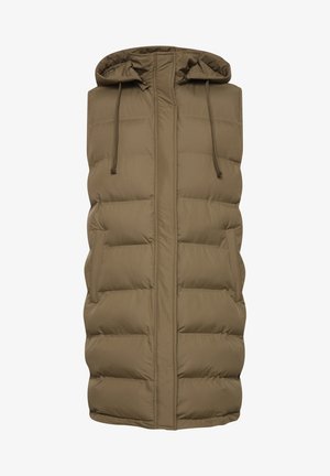 Hnedá vypchávková vesta s kapucňou, ktorá má predný zips a dve bočné vrecká. Tkanina je hladká s prešívanou textúrou a sťahovacími šnúrkami.