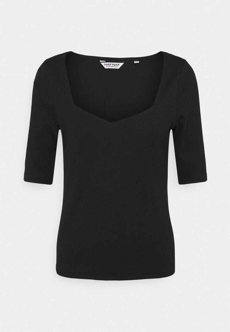 Haut noir côtelé avec un décolleté en V et des manches courtes. Présente une silhouette ajustée et une texture douce, idéale pour le superposition ou une tenue décontractée.