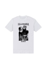 Bílá bavlněná tričko s černým grafickým designem, na kterém jsou dvě tváře postav, text "HELLRAISER" nahoře a "DEADER" dole.