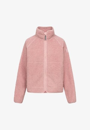 Veste en polaire rose pâle avec une fermeture éclair intégrale à l'avant, un col montant, des manches longues et un tissu texturé et confortable.