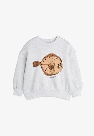 Šedá mikina vyrobená z bavlny s dlhými rukávmi. Obsahuje grafiku karikatúry platýsa v hnedej a bielej farbe s čiernymi škvrnami a veľkými očami.