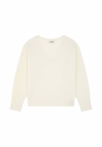 Weißer V-Ausschnitt-Pullover mit langen Ärmeln und strukturiertem Strickmuster. Mit geripptem Saum und Bündchen, hergestellt aus weichem Garnmaterial.