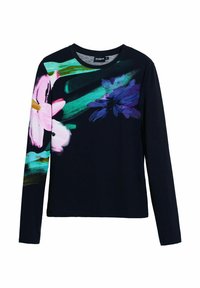 Long-sleeve navy top featuring vibrant floral prints in pink and purple, with a round neckline and soft fabric texture.