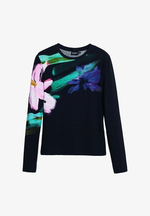 Tumesinise pika varrukaga top, millel on elavad roosa ja lilla lillemustrid, ümmargune krae ja pehme kangastekstuuri.