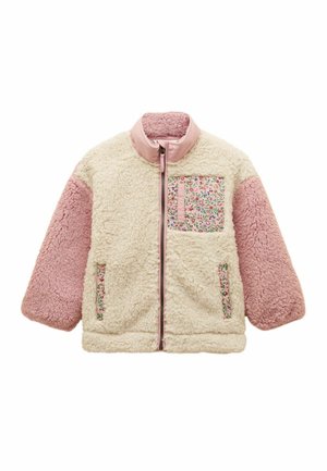 Geacă din fleece sherpa pentru copii, cu corp crem, mâneci roz, buzunar floral pe piept și margini florale asortate pe buzunarele laterale, cu fermoar frontal.