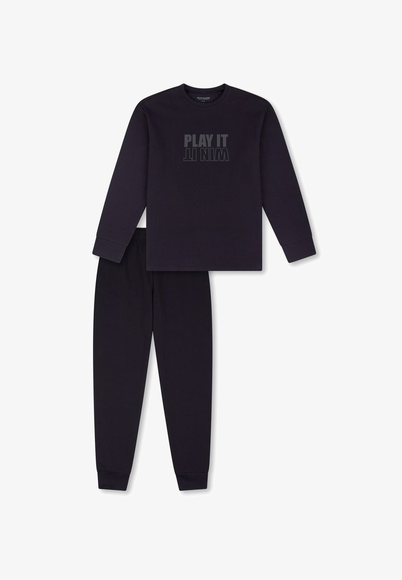 Dark blue pajama set featuring long-sleeve top with "PLAY IT" text and matching pants, made of soft cotton fabric with cuffs.