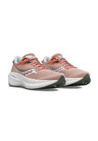 Rosa und graue Sportschuhe mit einem Obermaterial aus Mesh, gepolstertem weißen Zwischensohlen und strukturiertem grünen Außensohlen. Verfügt über ein reflexives silbernes Logo.