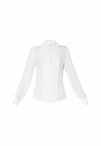 Blusa bianca a maniche lunghe con colletto a punta, tessuto texture con motivi sottili, chiusura frontale con bottoni e maniche con polsini.