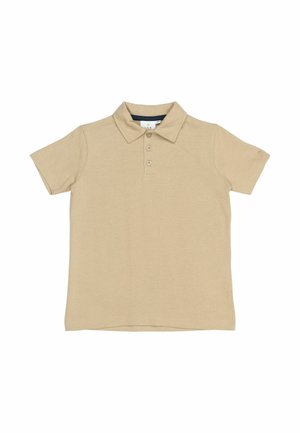 Beige polo med korte ærmer, tre-knaps placket og flad krave. Fremstillet af struktureret strikstof. Enkel, klassisk design.