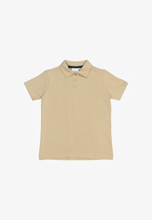 Polo beige a maniche corte, con patta a tre bottoni e colletto piatto. Realizzato in tessuto a maglia testurizzata. Design semplice e classico.