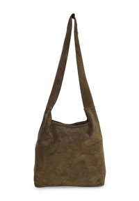 Braune Wildleder-Schultertasche mit weicher Textur, einem einzelnen langen Riemen und abgerundeter Form. Verfügt über minimale Nähte und keine Hardware-Akzente.