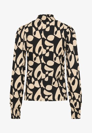 Hosszú ujjú blúz fodros gallérral, fekete és bézs absztrakt mintázattal. Texturált anyagból készült, begyűrt mandzsettákkal.