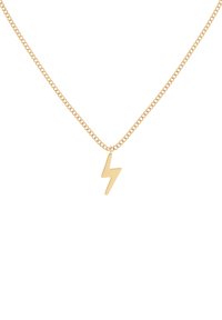 Goldene Kettenanhänger mit einem Blitzpendant, glatte Textur, elegantes Design und minimalistischer Ästhetik.