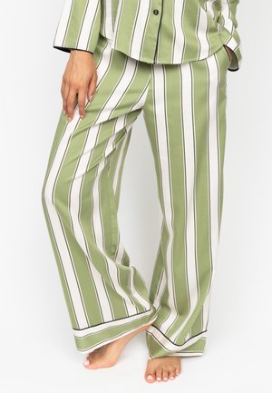 Green and white striped pajama pants with black accent lines, featuring a relaxed fit and wide legs, with a soft cotton texture.