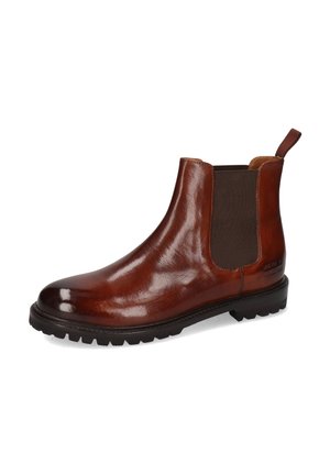 Bottines Chelsea en cuir marron avec des panneaux élastiques noirs sur les côtés, une languette au talon et une semelle en caoutchouc noir texturé.