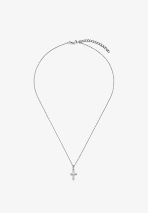 Feine Silberkette mit kleinem Kreuzanhänger, besetzt mit klaren funkelnden Steinen und einem verstellbaren Verschluss.