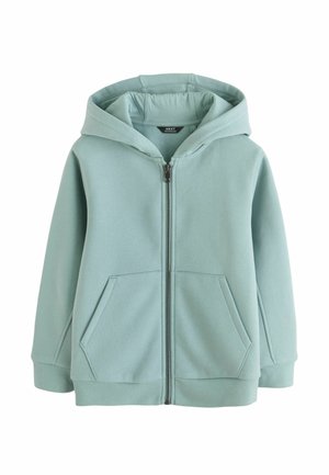 Hellgrüner Kapuzenpullover mit durchgehendem Reißverschluss, vorderen Kängurutaschen sowie gerippten Bündchen an Ärmeln und Saum, flach liegend vor weißem Hintergrund dargestellt.