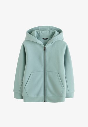 Šviesiai žalias užsegamas džemperis su gobtuvu, priekyje krepšio tipo kišenės ir ribintos rankogaliai bei apačia, pateiktas gulsčiai ant balto fono.