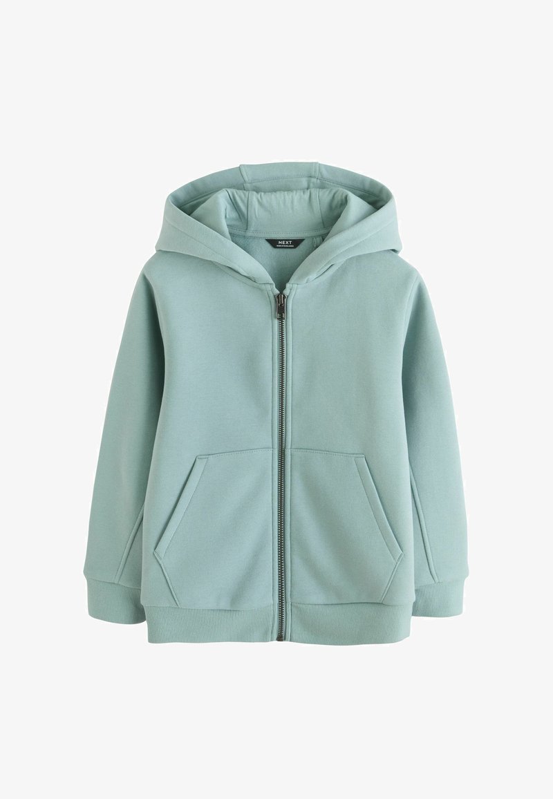 Svetlo zelena jopa z zadrgo, sprednjimi žepki v slogu kenguruja ter rebrastimi manšetami in spodnjim robom, položena na ravno belo podlago.