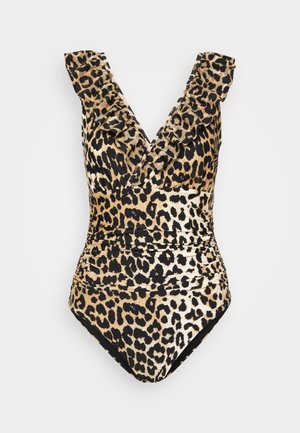 Maillot de bain une pièce à imprimé léopard avec un décolleté en V profond, des bretelles à volants et des détails froncés à la taille. Fabriqué en tissu extensible.