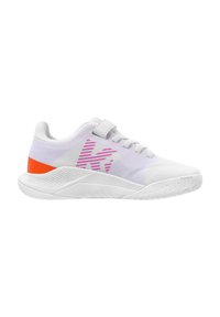 Witte sportieve schoen met een bovenwerk van mesh, roze accenten, een klittenbandsluiting en een getextureerde rubberen zool. Bevat een feloranje element op de hak.