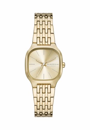 Reloj de pulsera Skagen en tono dorado con esfera cuadrada, dial minimalista, delgadas marcas de las horas y correa de eslabones de metal.