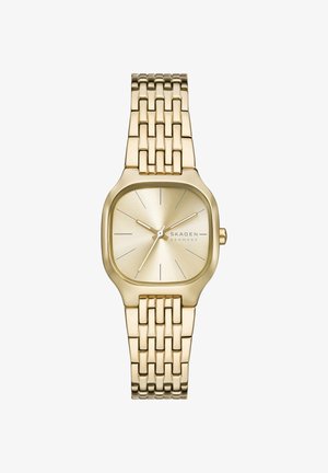 Goldfarbene Skagen-Armbanduhr mit quadratischem Zifferblatt, minimalistischem Zifferblatt, dünnen Stundenmarkierungen und verbundenem Metallarmband.
