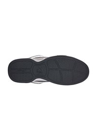 Suola di scarpa in gomma nera con grip a motivo. Presenta sezioni rialzate e un logo impresso al centro. Bordo arrotondato e design piatto.