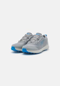 Gray athletic shoes with a mesh upper, blue accents, and a textured sole designed for traction. Lightly cushioned for comfort.
