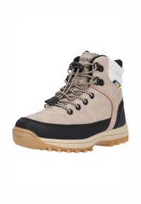 Stivaletti beige e neri alla caviglia con una superficie texturizzata, design con lacci, occhielli in metallo e suola in gomma per una maggiore aderenza e trazione.